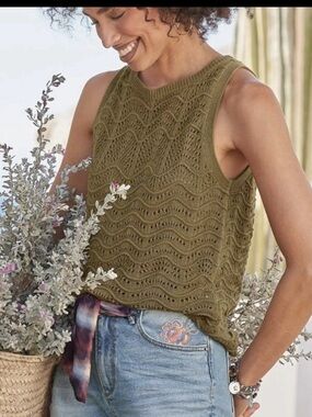 Sundance Ravina Olive Green Shell Knit Sleeveless Sweater Medium